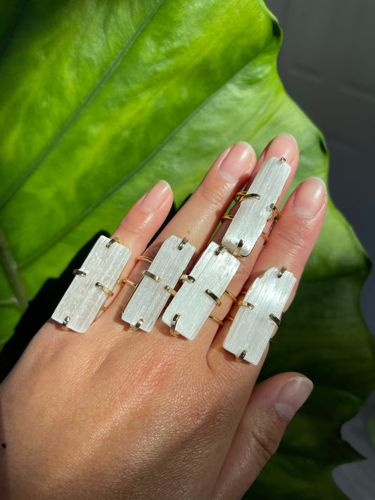 Satin Spar Selenite - Gold Wire Adjustable Ring